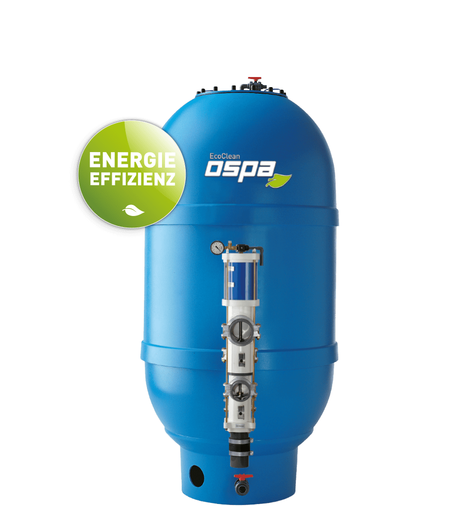 Der blaue Mehrschichtfilter von Ospa mit dem Label für Energieeffizienz steht im Fokus und zeigt seine innovative Technik.