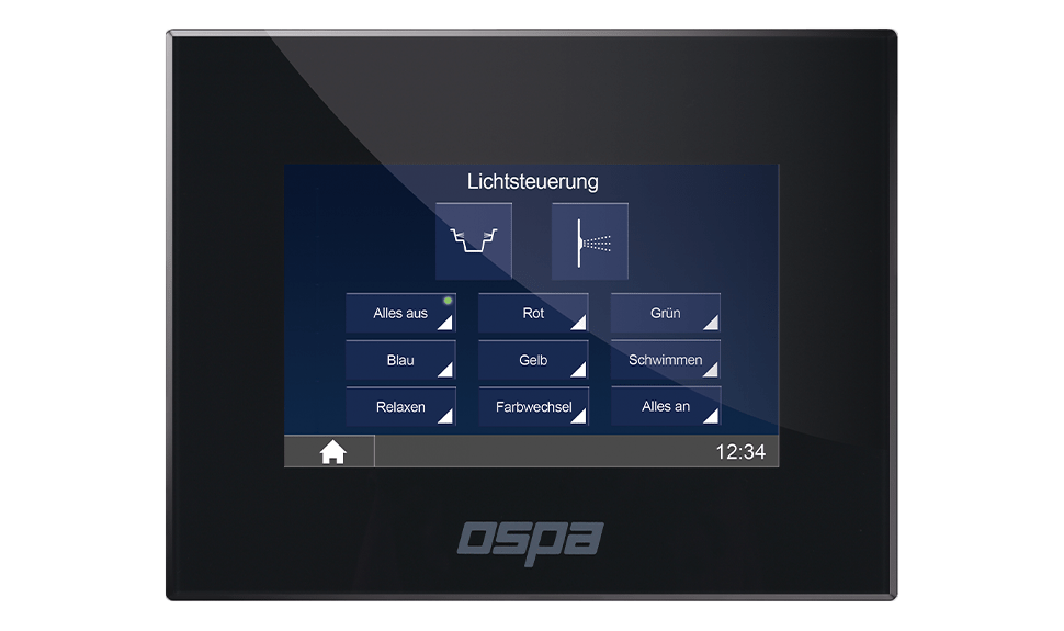 Das moderne Steuergerät von OSPA zeigt Optionen zur Lichtsteuerung, darunter Farben wie Blau und Grün.