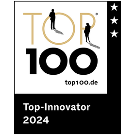 Logo für die Top 100 Innovationsauszeichnung 2024, das kreative Leistungen in Deutschland würdigt.