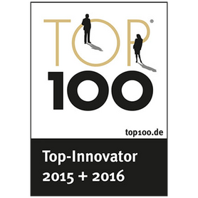 Das Logo für die Top 100 zeigt zwei Silhouetten und hebt die Top-Innovatoren der Jahre 2015 und 2016 hervor.