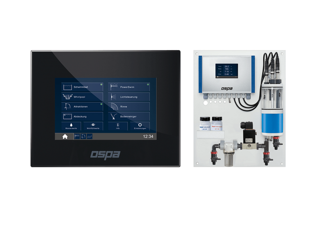 Modernes OSPA-Regeltechnik-Display zeigt Schwimmbadsteuerungen und eine technische Einheit für die Wasseraufbereitung.
