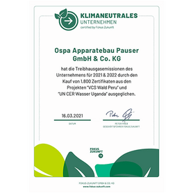 Zertifikat für das klimaneutrale Unternehmen Ospa Apparatebau Pauser GmbH & Co. KG zur Kompensation von Treibhausgasemissionen.