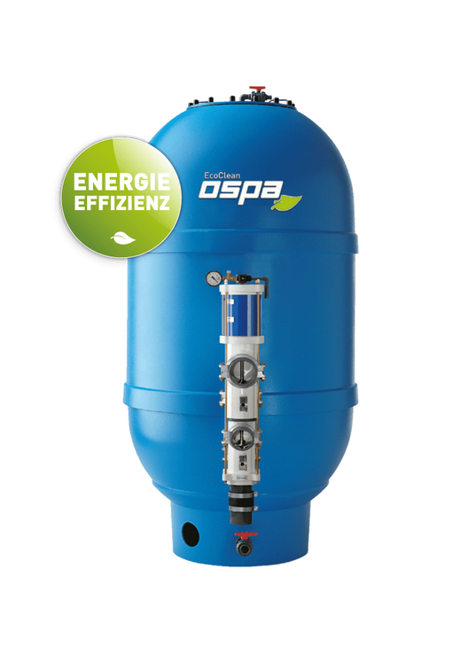 Der blaue Ospa Mehrfachschichtfilter mit Energieeffizienz-Label sorgt für sauberes Wasser in Pools.