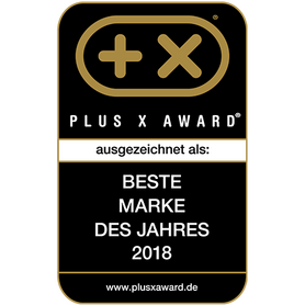 Ein Auszeichnungsschild des Plus X Award 2018, das die beste Marke des Jahres kennzeichnet.