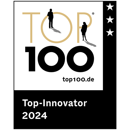 Logo für die Top 100 Innovationsauszeichnung 2024, das kreative Leistungen in Deutschland würdigt.